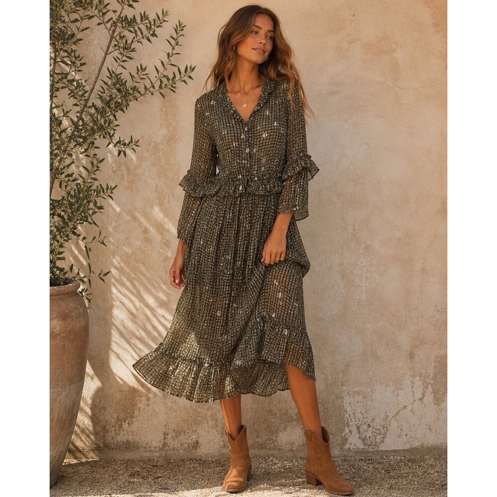 Munthe Boho Earth Tone Olive Green Midi Dress Sheer Floral Ruffle Tiered Size 38